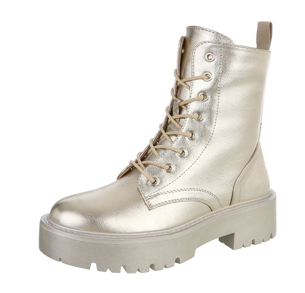 Ital-Design Damen Schnürschuhe Freizeit Schnürstiefelette (87124788) Blockabsatz Plateaustiefeletten in Gold