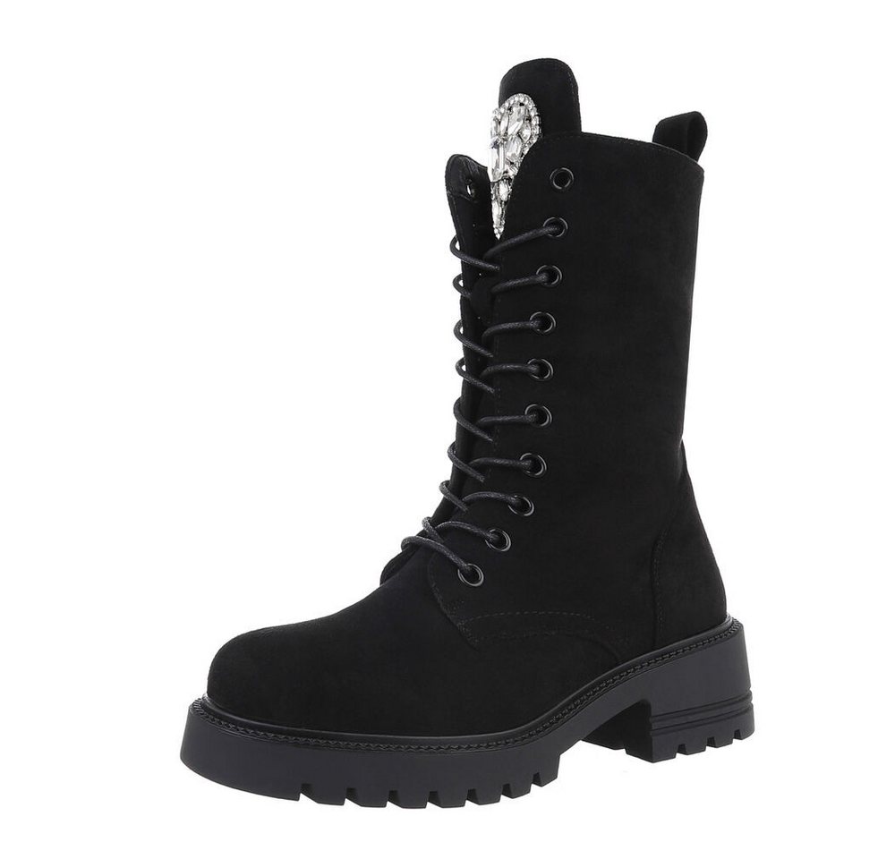 Ital-Design Damen Schnürschuhe Freizeit Schnürstiefelette (87214560) Blockabsatz Plateaustiefeletten in Schwarz