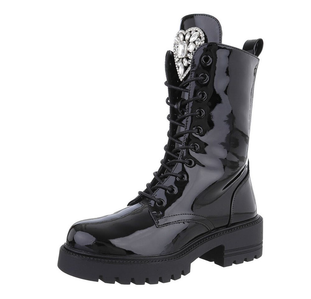 Ital-Design Damen Schnürschuhe Freizeit Schnürstiefelette (87214565) Blockabsatz Plateaustiefeletten in Schwarz