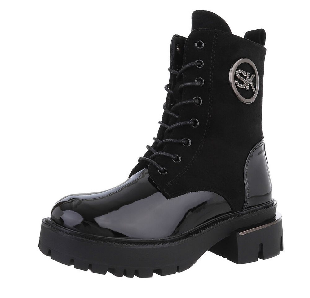 Ital-Design Damen Schnürschuhe Freizeit Schnürstiefelette (87214589) Blockabsatz Plateaustiefeletten in Schwarz