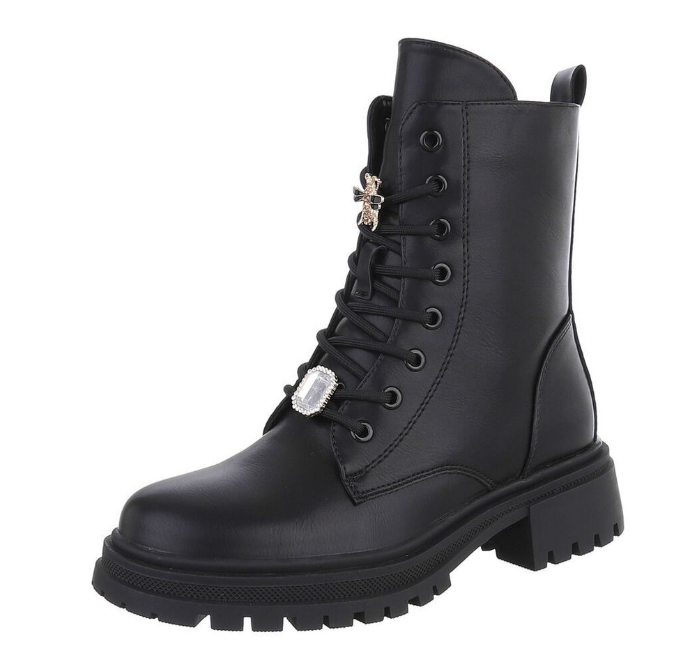 Ital-Design Damen Schnürschuhe Freizeit Schnürstiefelette (87451866) Blockabsatz Stiefeletten in Schwarz