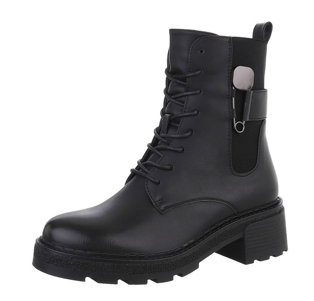 Ital-Design Damen Schnürschuhe Freizeit Schnürstiefelette (87531914) Blockabsatz Stiefeletten in Schwarz