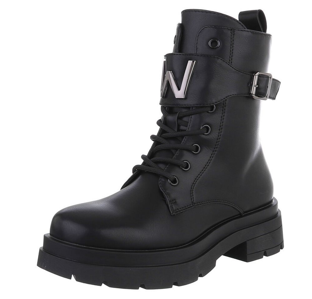 Ital-Design Damen Schnürschuhe Freizeit Schnürstiefelette (88460354) Blockabsatz Stiefeletten in Schwarz