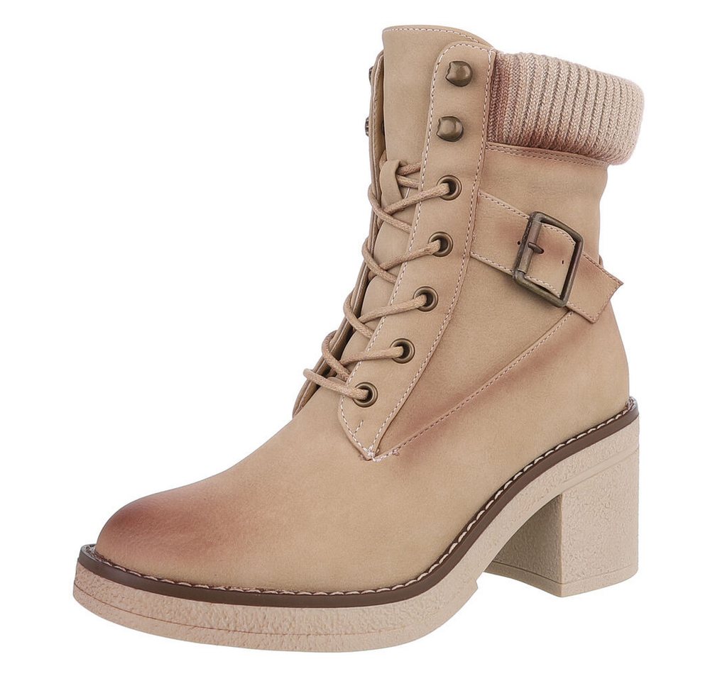 Ital-Design Damen Schnürschuhe Freizeit Schnürstiefelette (88519543) Blockabsatz Stiefeletten in Hellbraun