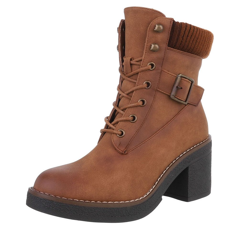 Ital-Design Damen Schnürschuhe Freizeit Schnürstiefelette (88519551) Blockabsatz Stiefeletten in Camel