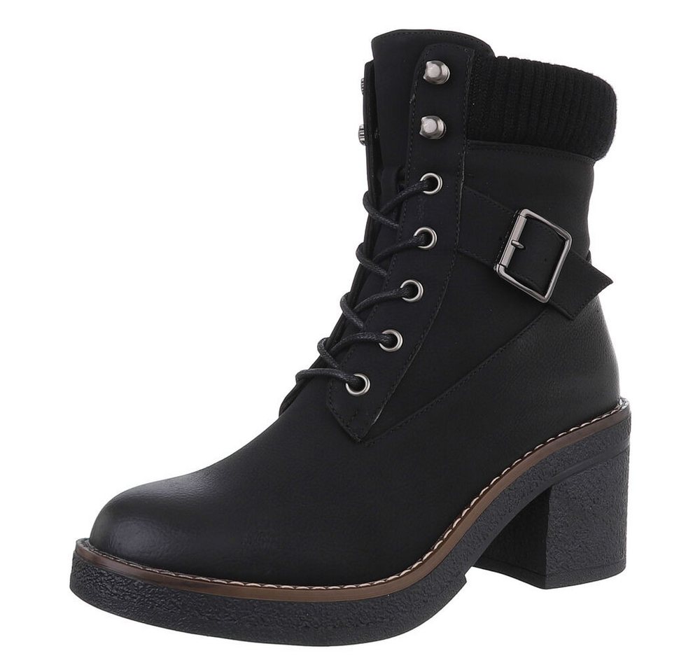 Ital-Design Damen Schnürschuhe Freizeit Schnürstiefelette (88519556) Blockabsatz Stiefeletten in Schwarz