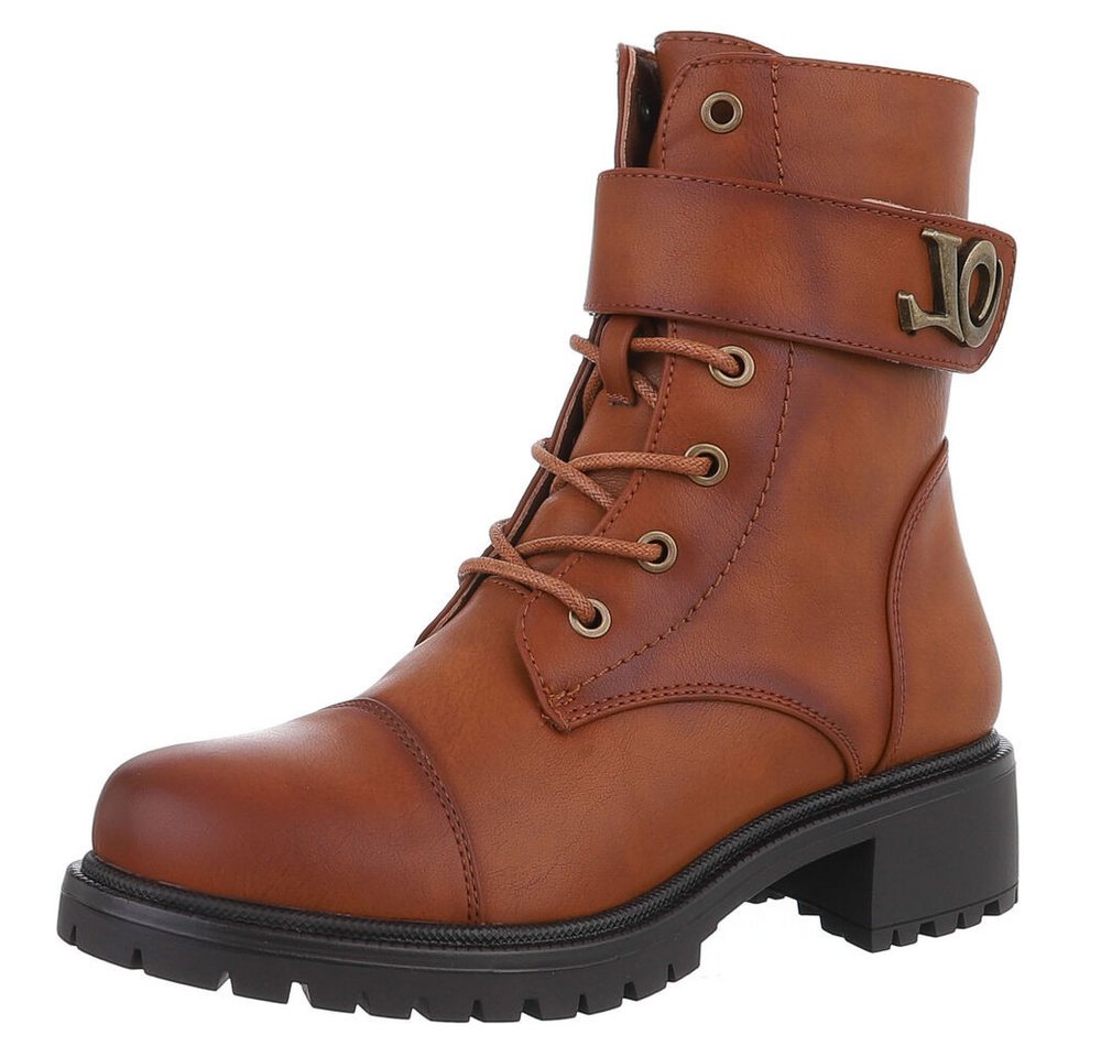 Ital-Design Damen Schnürschuhe Freizeit Schnürstiefelette (88577613) Blockabsatz Stiefeletten in Camel
