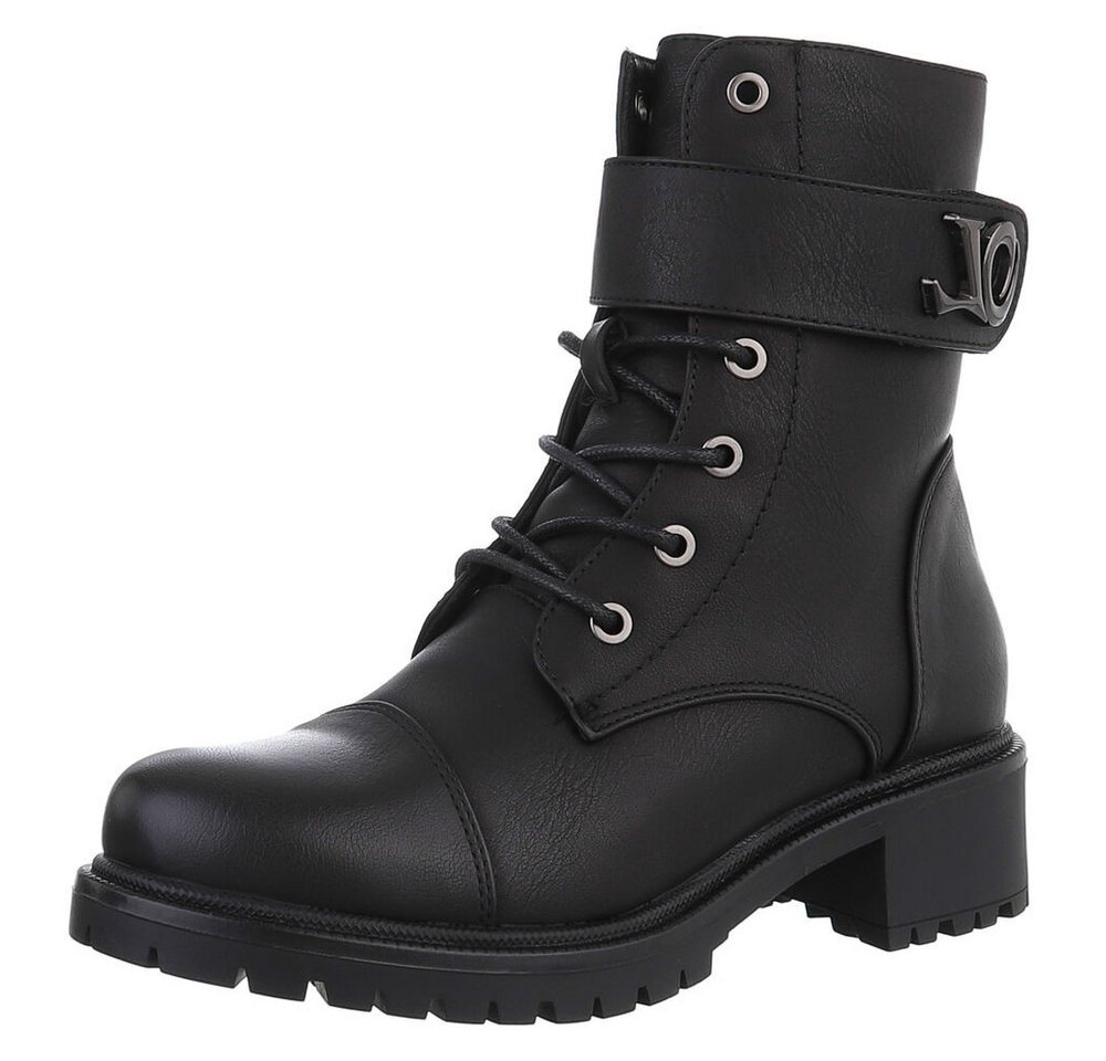 Ital-Design Damen Schnürschuhe Freizeit Schnürstiefelette (88577619) Blockabsatz Stiefeletten in Schwarz