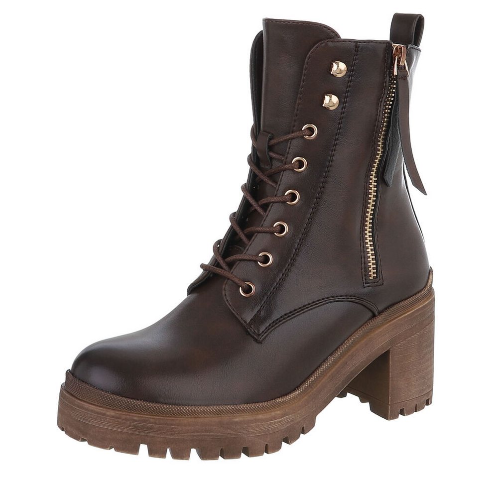 Ital-Design Damen Schnürschuhe Freizeit Schnürstiefelette (90861129) Blockabsatz Stiefeletten in Braun