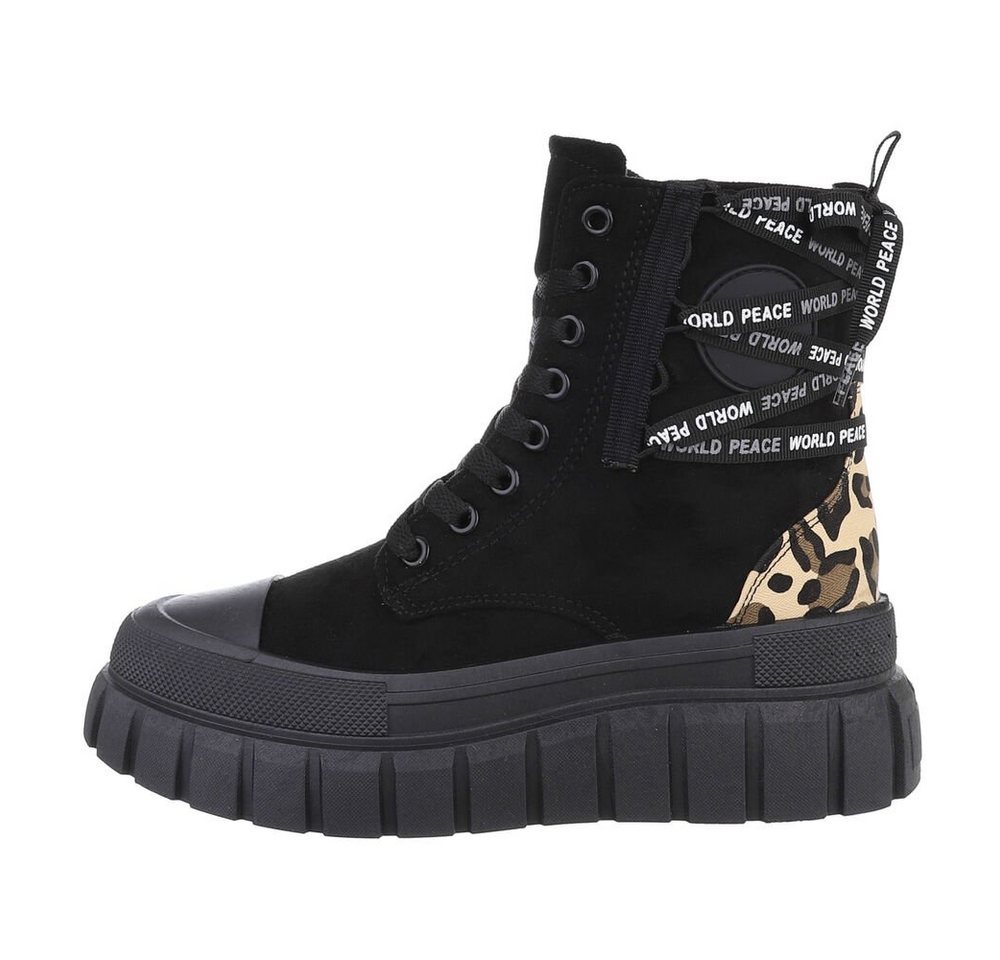 Ital-Design Damen Schnürschuhe Freizeit Schnürstiefelette Flach Sneakers High in Schwarz