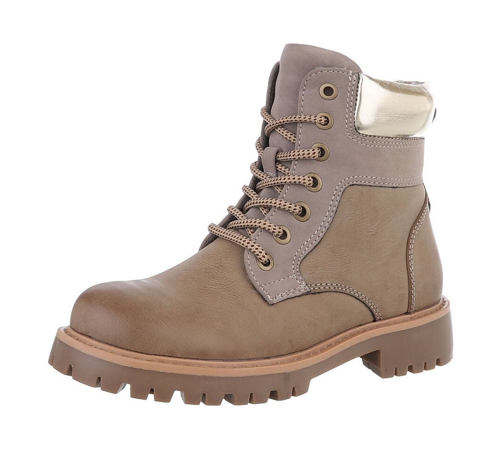 Ital-Design Damen Schnürschuhe Freizeit Stiefelette (87531891) Blockabsatz Schnürstiefeletten in Hellbraun
