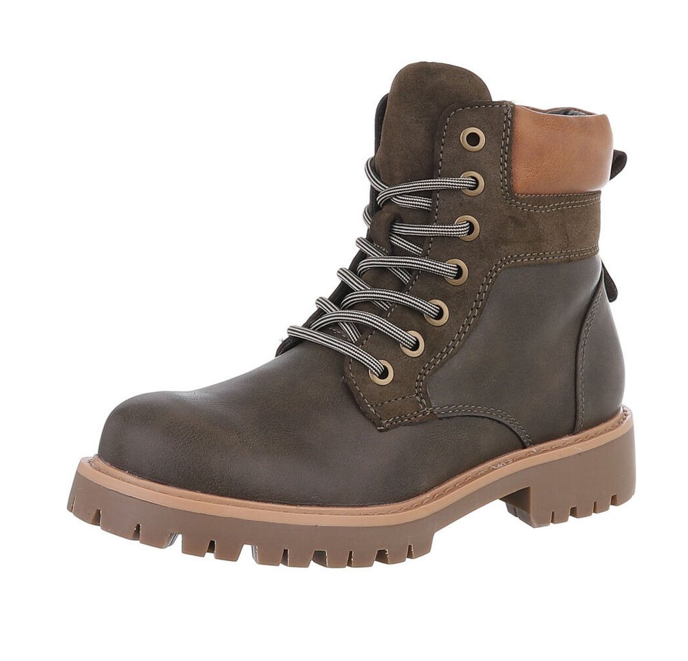 Ital-Design Damen Schnürschuhe Freizeit Stiefelette (87531897) Blockabsatz Schnürstiefeletten in Khaki
