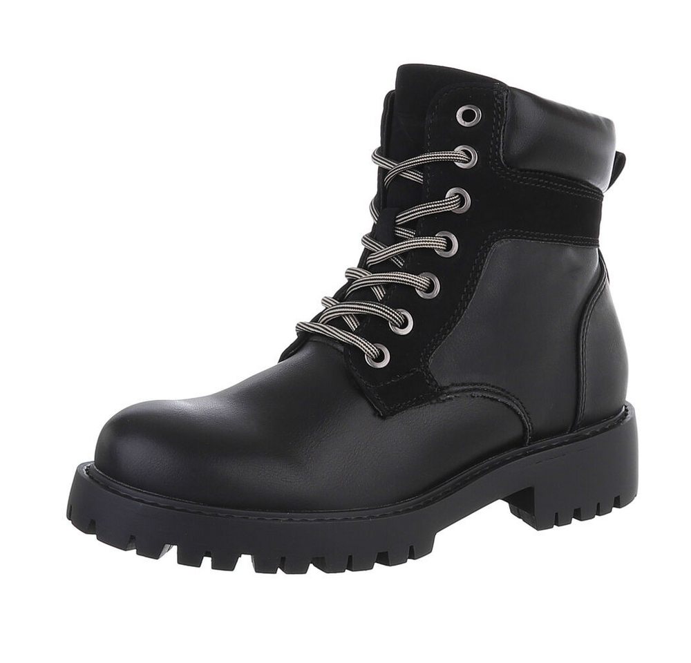 Ital-Design Damen Schnürschuhe Freizeit Stiefelette (87531907) Blockabsatz Schnürstiefeletten in Schwarz