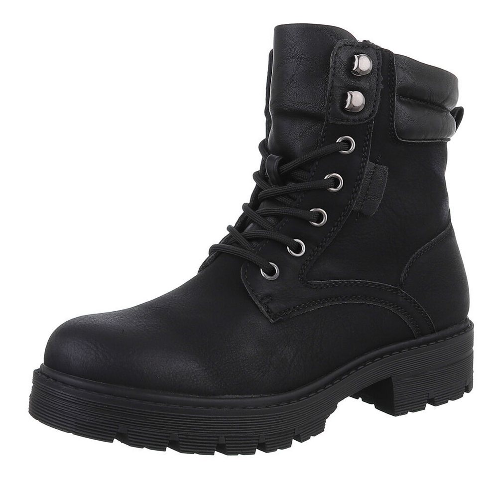 Ital-Design Damen Schnürschuhe Freizeit Stiefelette (87740262) Blockabsatz Schnürstiefeletten in Schwarz