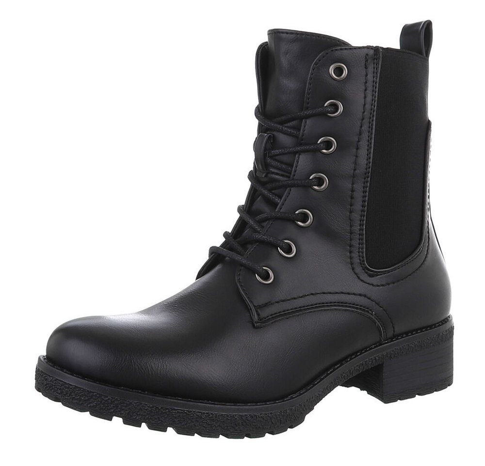 Ital-Design Damen Schnürschuhe Freizeit Stiefelette (87740314) Blockabsatz Schnürstiefeletten in Schwarz
