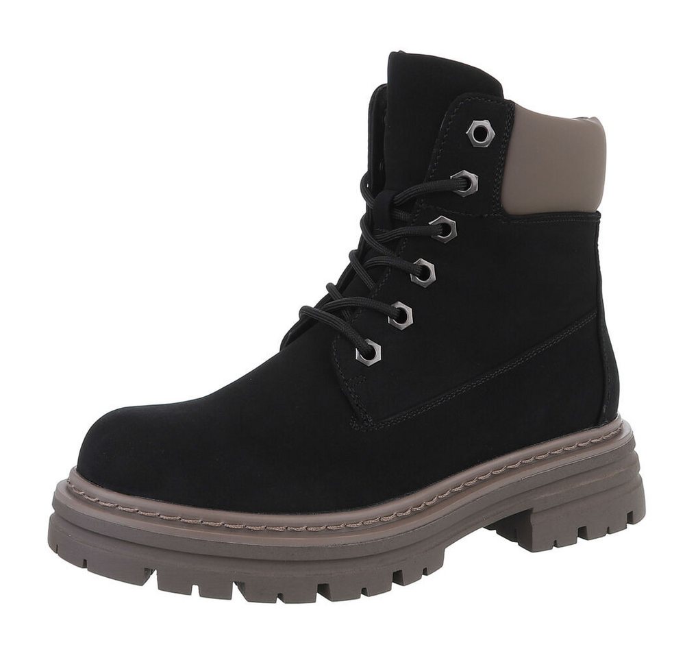 Ital-Design Damen Schnürschuhe Freizeit Stiefelette (87740352) Blockabsatz Plateaustiefeletten in Schwarz