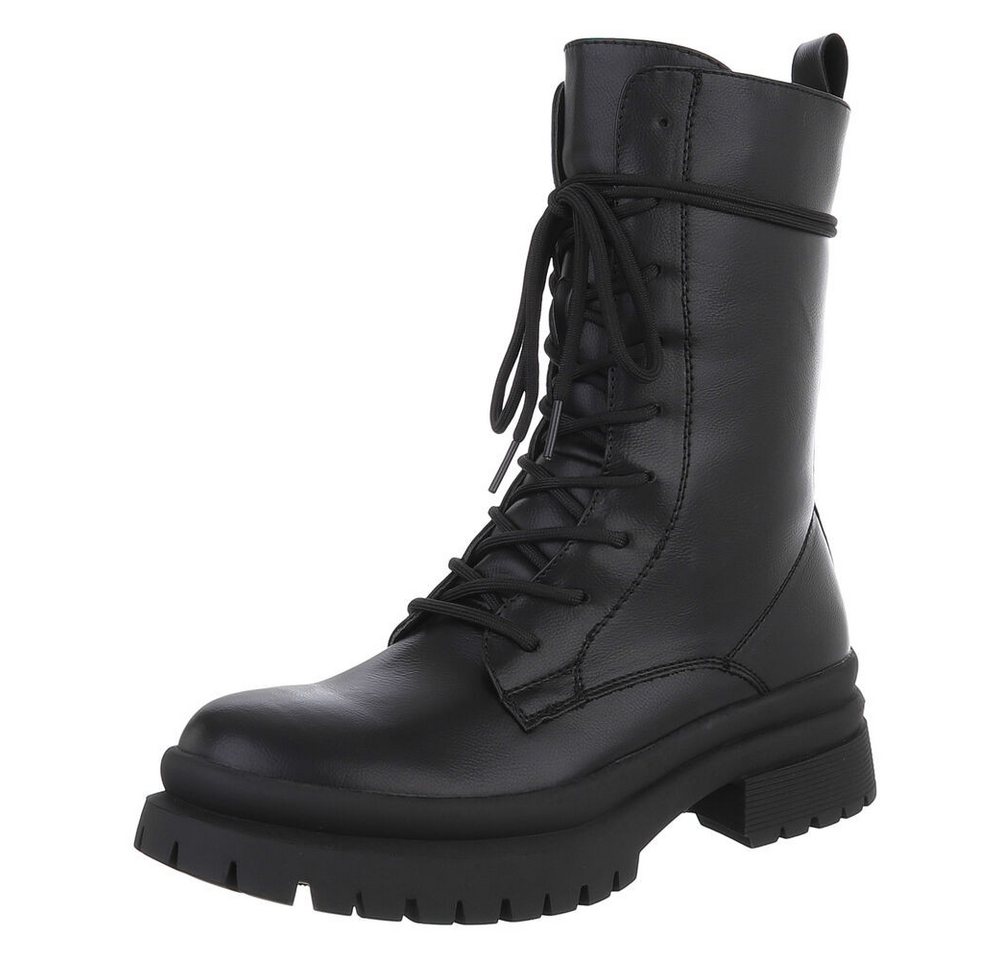Ital-Design Damen Schnürschuhe Freizeit Stiefelette (90482762) Blockabsatz Plateaustiefeletten in Schwarz
