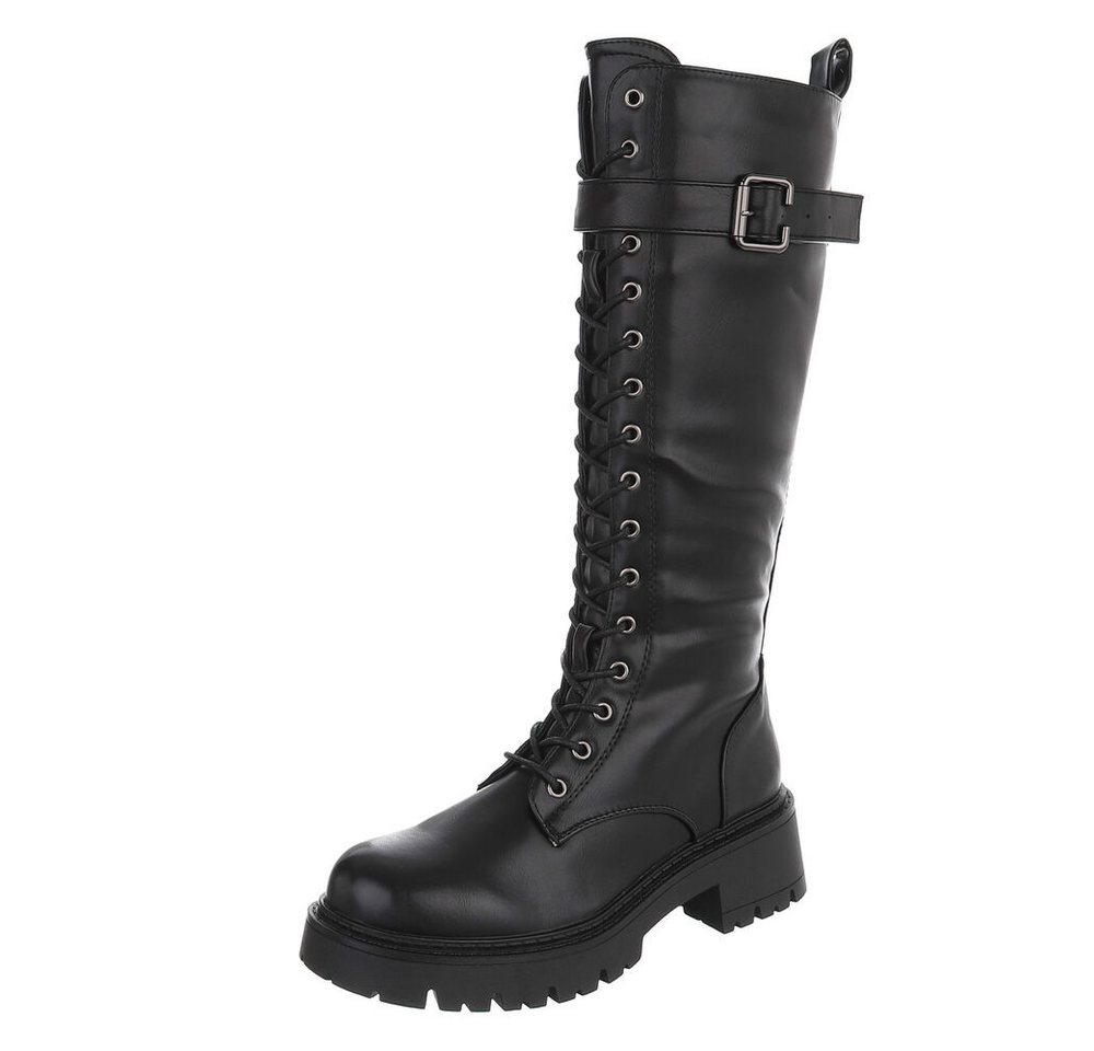 Ital-Design Damen Schnürstiefel Combat-Style mit Schnalle Plateaustiefel (92078848) Blockabsatz Stiefel in Schwarz