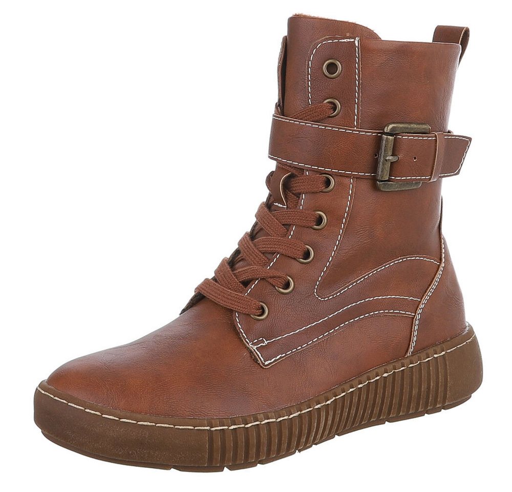 Ital-Design Damen Schnürstiefel mit Schnalle für Alltag und Freizeit Stiefelette (90598715) Keilabsatz/Wedge Keilstiefeletten in Camel