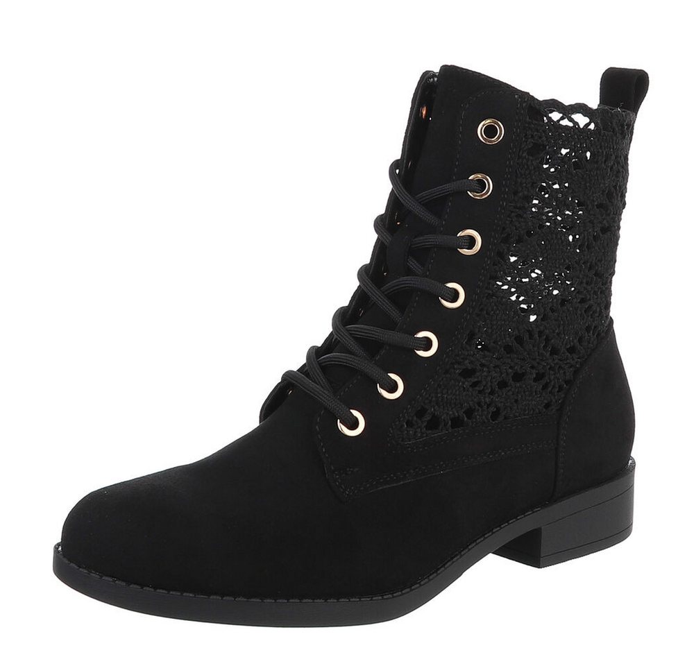 Ital-Design Damen Schnürstiefelette mit Häkel-Details für Alltag und Freizeit Sommerboots (91154509) Blockabsatz Schnürstiefeletten in Schwarz
