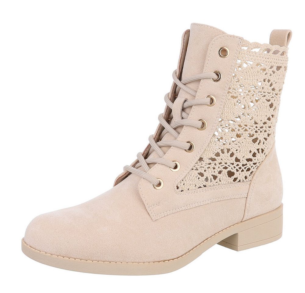 Ital-Design Damen Schnürstiefelette mit Häkel-Details für Alltag und Freizeit Sommerboots (91154516) Blockabsatz Schnürstiefeletten in Beige