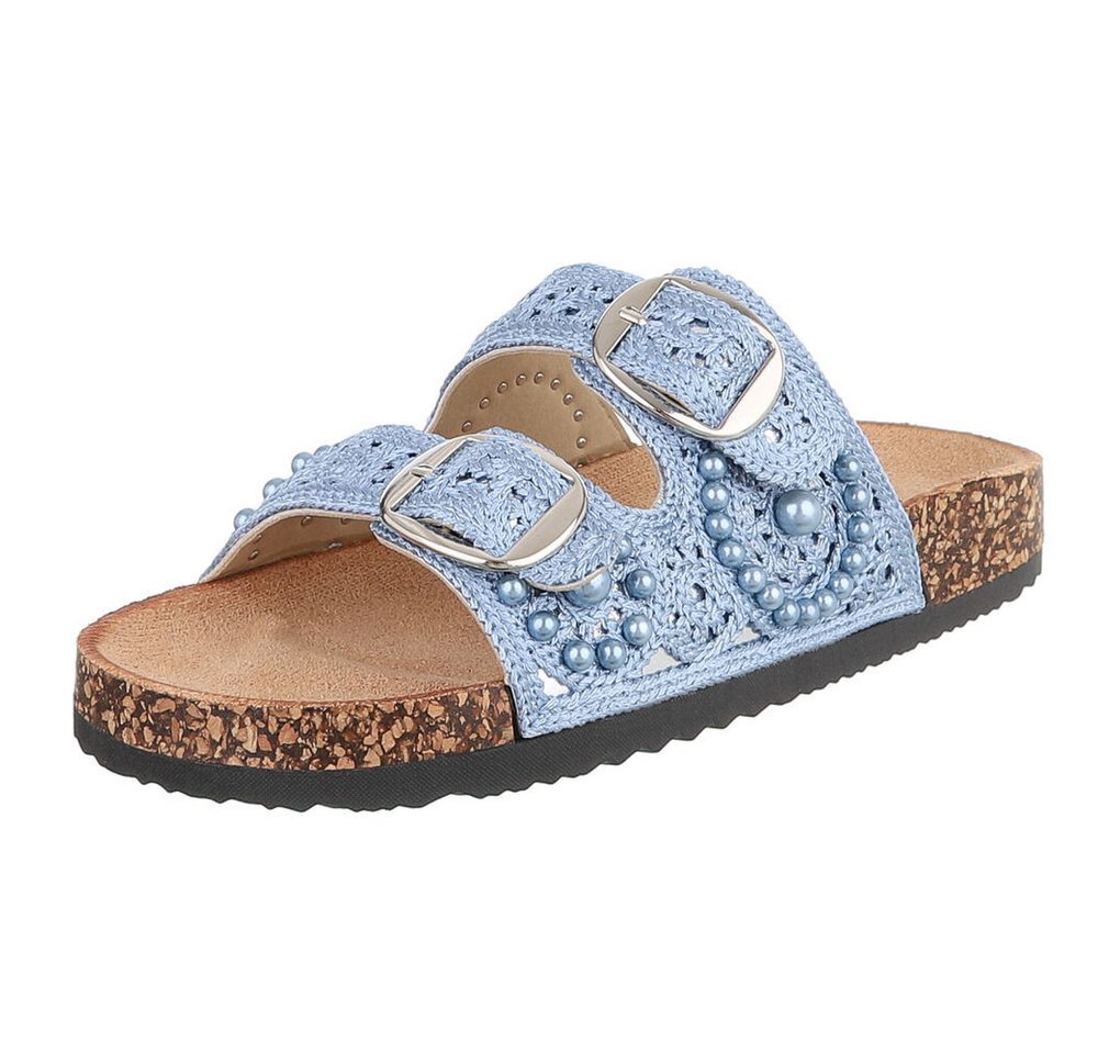 Ital-Design Damen Slides mit Schnallen und Perlenapplikation Pantolette (91971168) Flach Pantoletten in Hellblau