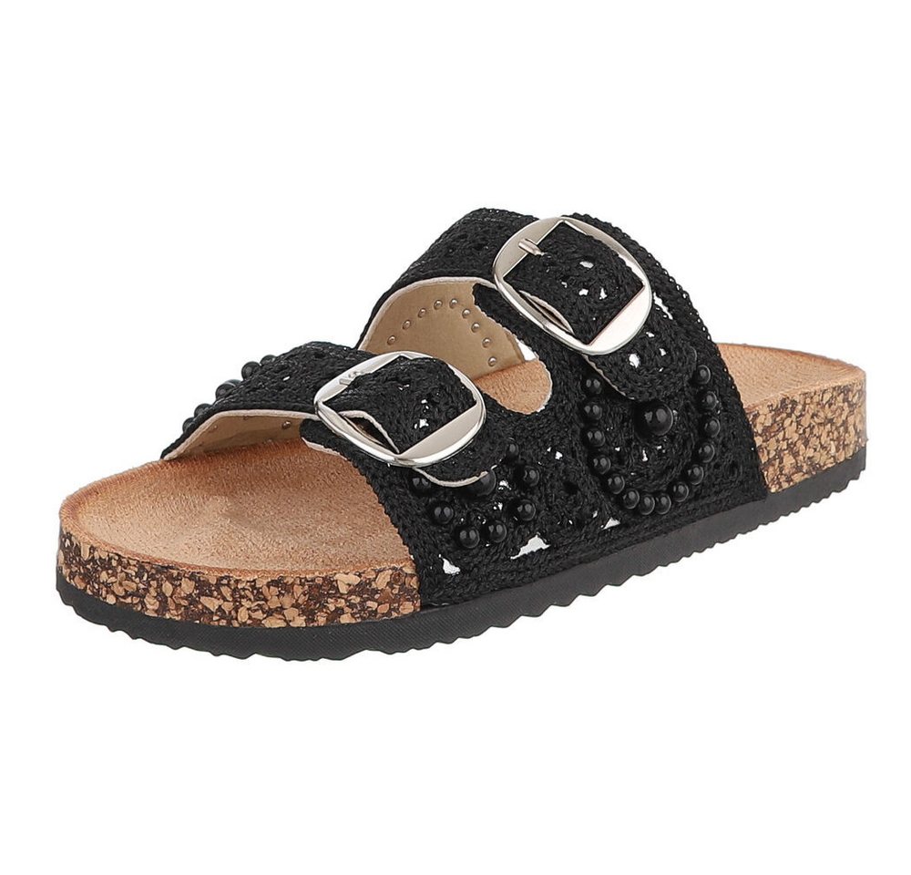 Ital-Design Damen Slides mit Schnallen und Perlenapplikation Pantolette (91971173) Flach Pantoletten in Schwarz