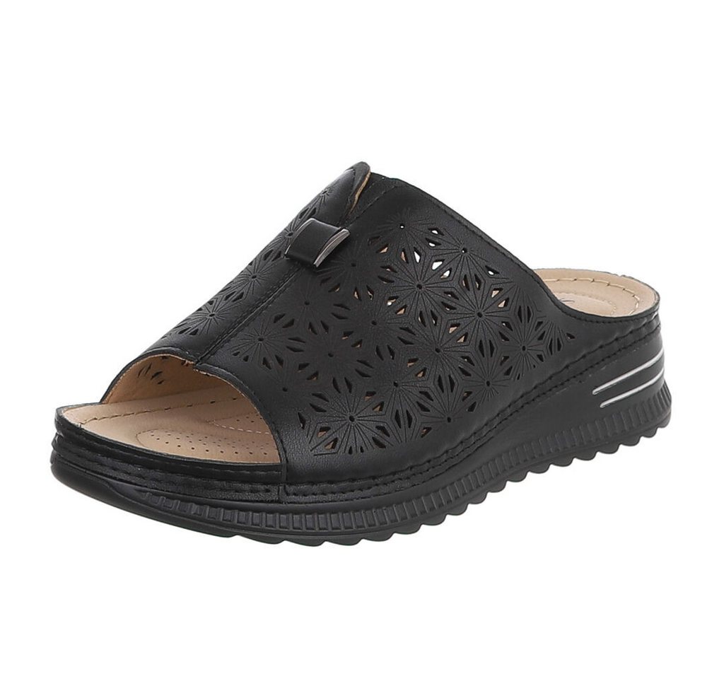 Ital-Design Damen Slipper mit Cut-outs und Komfortsohle Plateausandaletten (91849137) Keilabsatz/Wedge Keilsandaletten in Schwarz