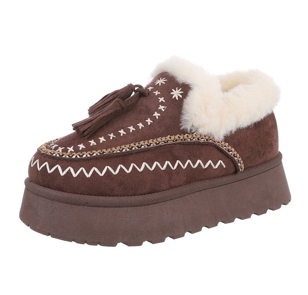 Ital-Design Damen Slipper mit Plateau und Quasten für Freizeitkomfort Snowboots (90542842) Flach Stiefeletten in Braun