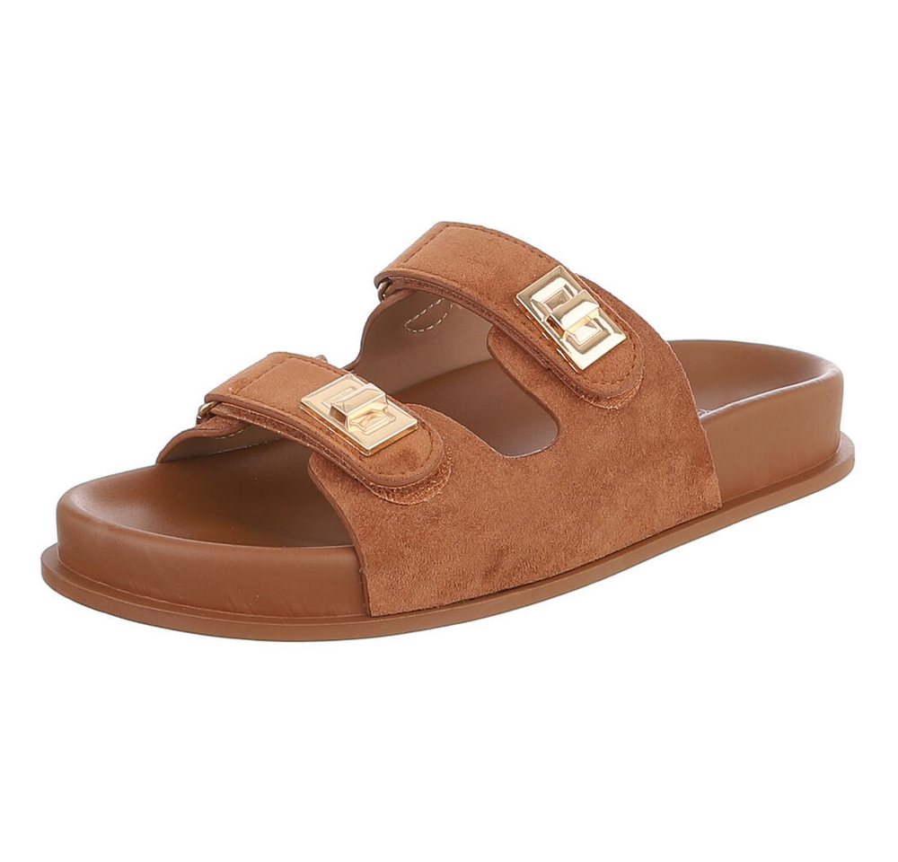Ital-Design Damen Slipper mit Schnallen und Komfortsohle Pantolette (91742281) Flach Pantoletten in Camel