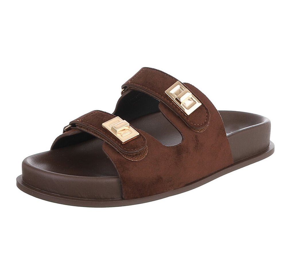 Ital-Design Damen Slipper mit Schnallen und Komfortsohle Pantolette (91742283) Flach Pantoletten in Braun