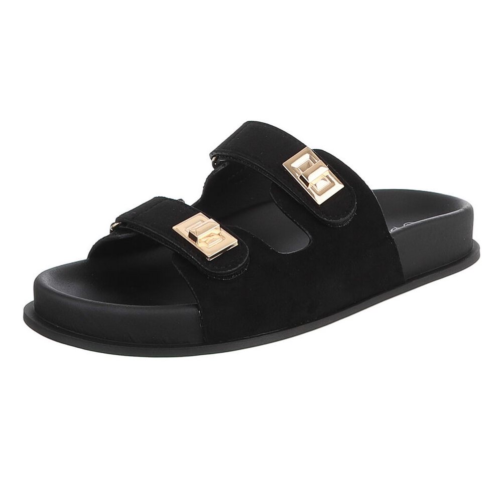 Ital-Design Damen Slipper mit Schnallen und Komfortsohle Pantolette (91742292) Flach Pantoletten in Schwarz
