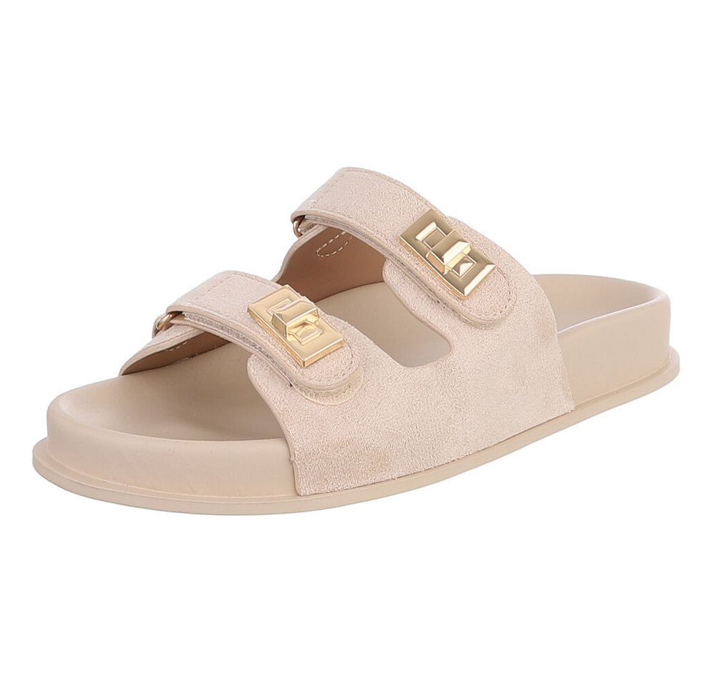 Ital-Design Damen Slipper mit Schnallen und Komfortsohle Pantolette (91742299) Flach Pantoletten in Beige