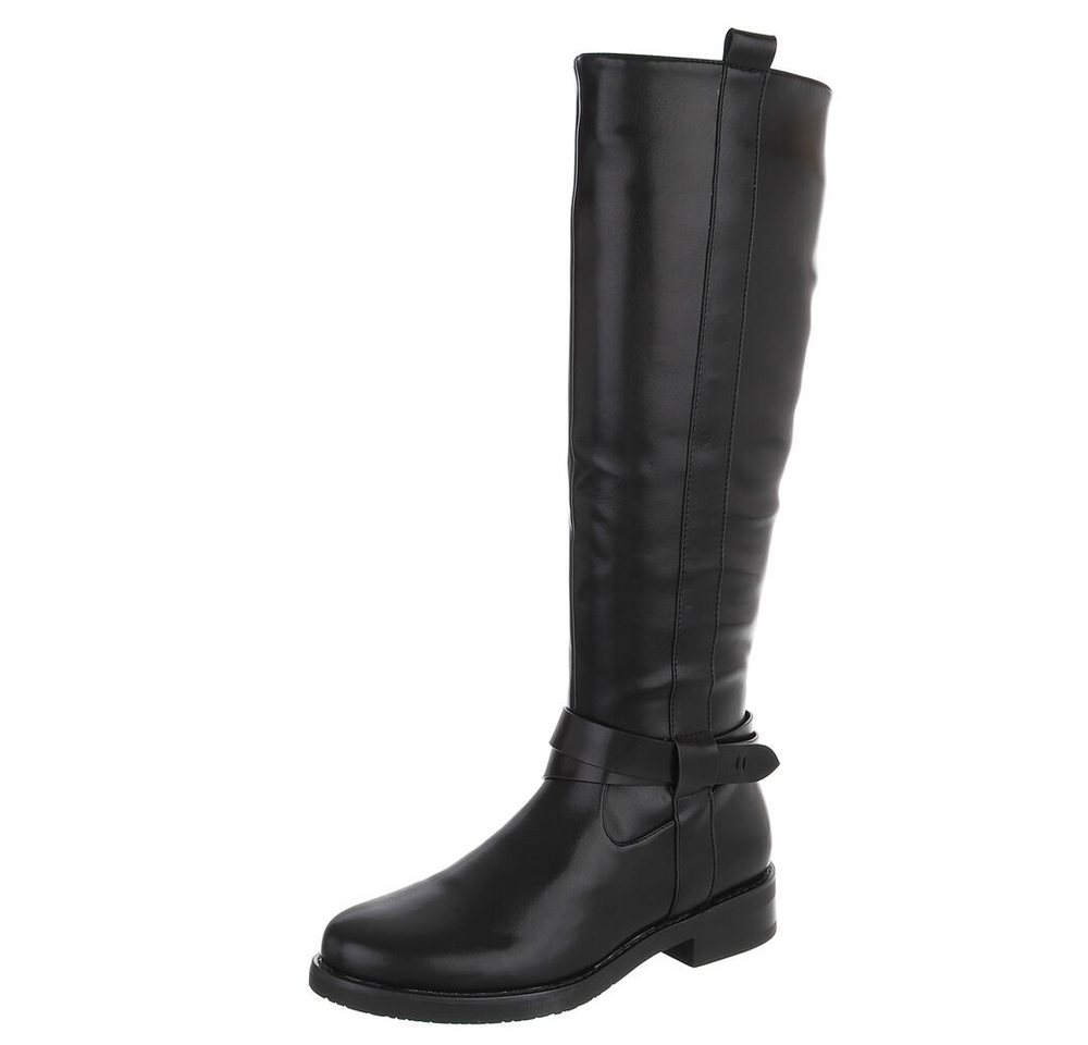 Ital-Design Damen Stiefel hoch mit Riemen, flacher Absatz Stiefel (92078878) Blockabsatz Flache Stiefel in Schwarz