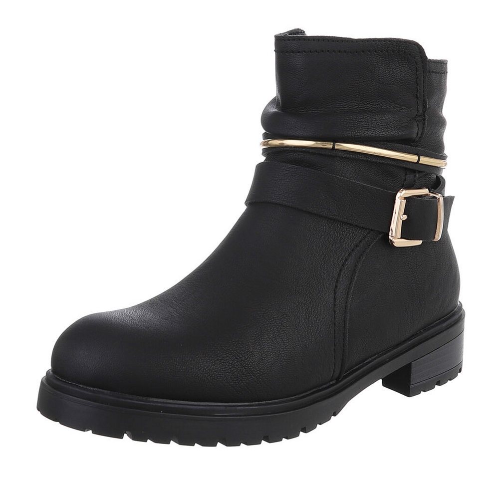 Ital-Design Damen Stiefel mit goldenen Details und hohem Tragekomfort Stiefelette (90482555) Blockabsatz Flache Stiefeletten in Schwarz
