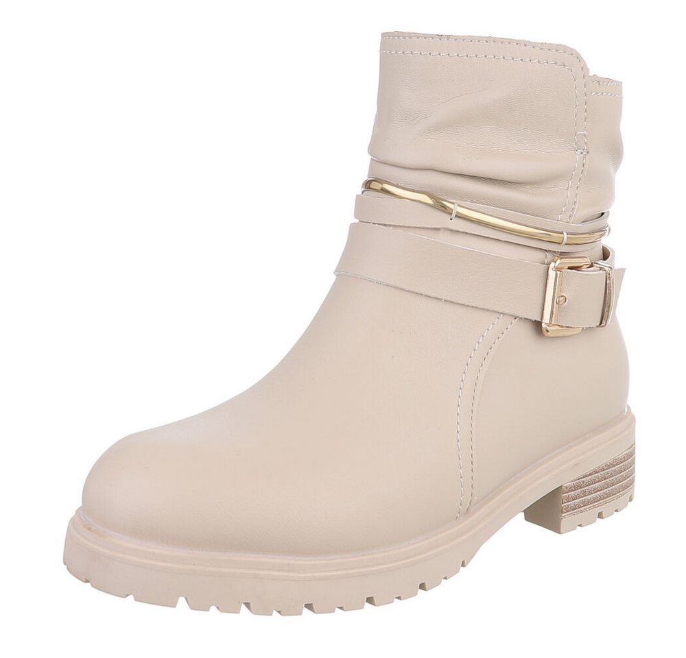 Ital-Design Damen Stiefel mit goldenen Details und hohem Tragekomfort Stiefelette (90482561) Blockabsatz Flache Stiefeletten in Beige