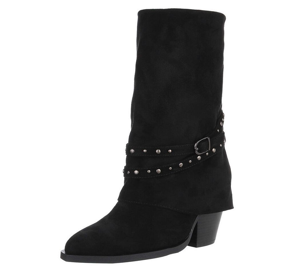 Ital-Design Damen Stiefel mit Nieten und Riemen für Freizeit und Alltag Westernstiefel (90110048) Blockabsatz Stiefel in Schwarz