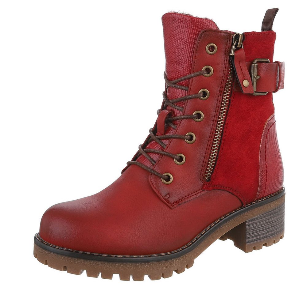 Ital-Design Damen Stiefel mit Reißverschluss und Schnürung Schnürstiefelette (90542892) Blockabsatz Stiefeletten in Rot