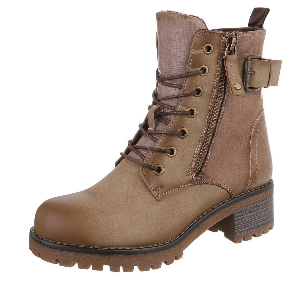 Ital-Design Damen Stiefel mit Reißverschluss und Schnürung Schnürstiefelette (90542900) Blockabsatz Stiefeletten in Hellbraun