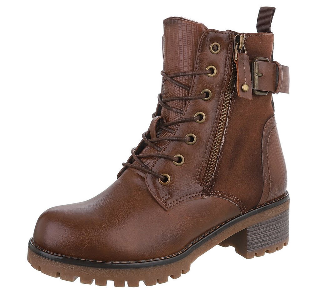 Ital-Design Damen Stiefel mit Reißverschluss und Schnürung Schnürstiefelette (90542908) Blockabsatz Stiefeletten in Camel