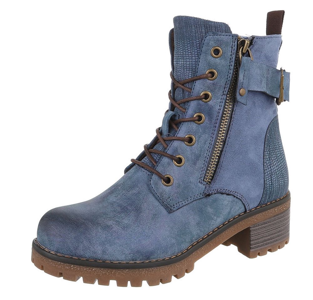 Ital-Design Damen Stiefel mit Reißverschluss und Schnürung Schnürstiefelette (90542911) Blockabsatz Stiefeletten in Blau