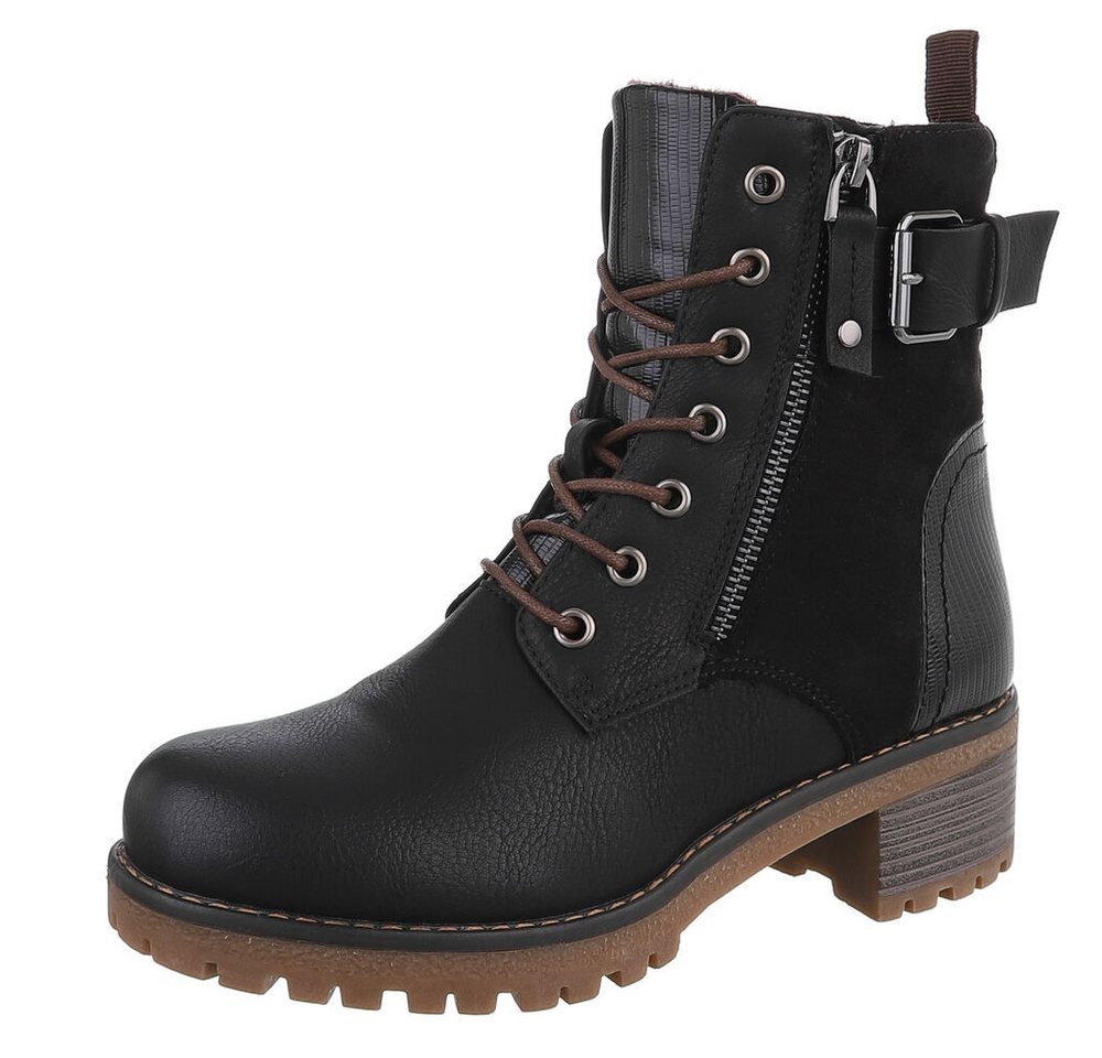 Ital-Design Damen Stiefel mit Reißverschluss und Schnürung Schnürstiefelette (90542920) Blockabsatz Stiefeletten in Schwarz