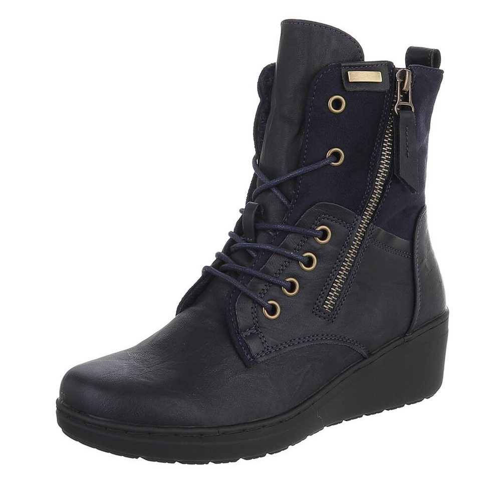 Ital-Design Damen Stiefeletten mit Schnürung und Reißverschluss Schnürstiefelette (90598635) Keilabsatz/Wedge Stiefeletten in Dunkelblau