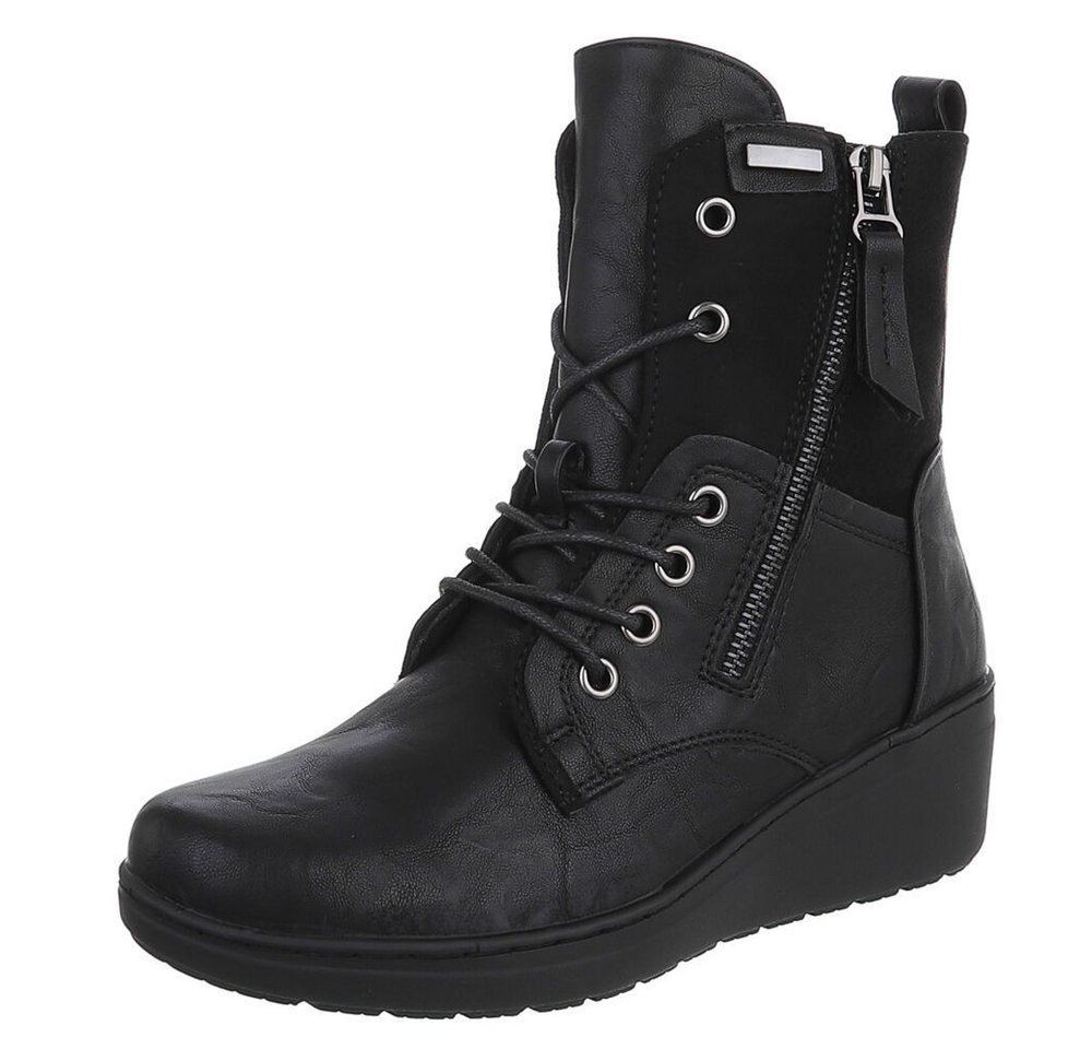 Ital-Design Damen Stiefeletten mit Schnürung und Reißverschluss Schnürstiefelette (90598644) Keilabsatz/Wedge Stiefeletten in Schwarz