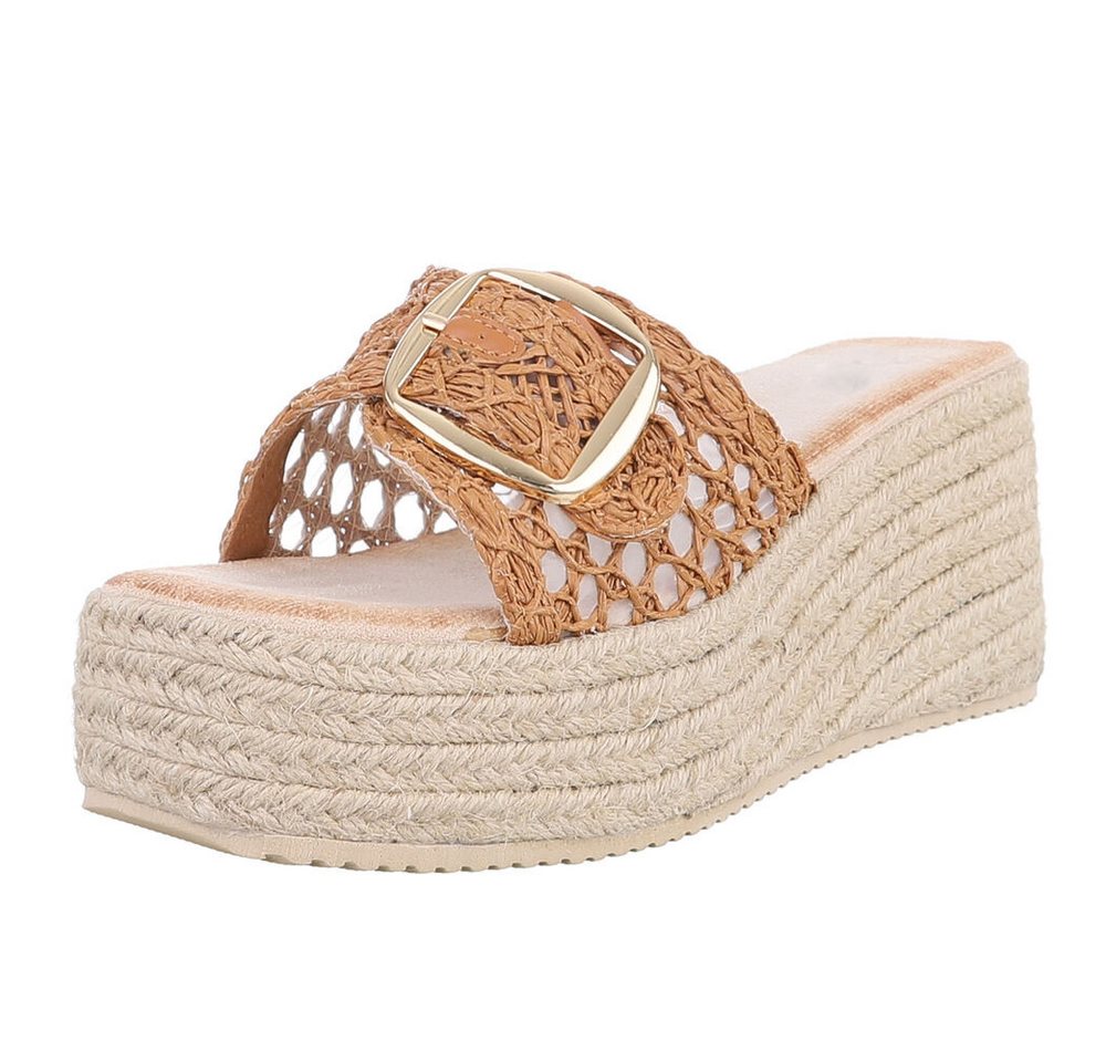 Ital-Design Damen Wedge-Sandalen mit gewebtem Obermaterial für Sommer Spaß Plateausandaletten (89930085) Keilabsatz/Wedge Keilsandaletten in Camel
