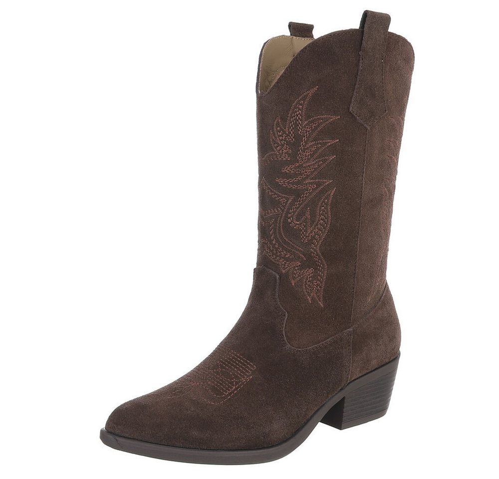 Ital-Design Damen Westernstiefel Echtleder mit Blockabsatz Westernstiefel (92002389) Blockabsatz Stiefel in Braun