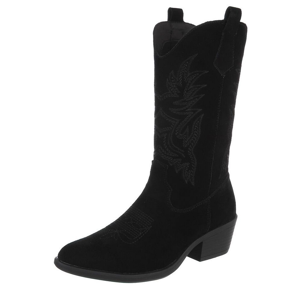 Ital-Design Damen Westernstiefel Echtleder mit Blockabsatz Westernstiefel (92002394) Blockabsatz Stiefel in Schwarz