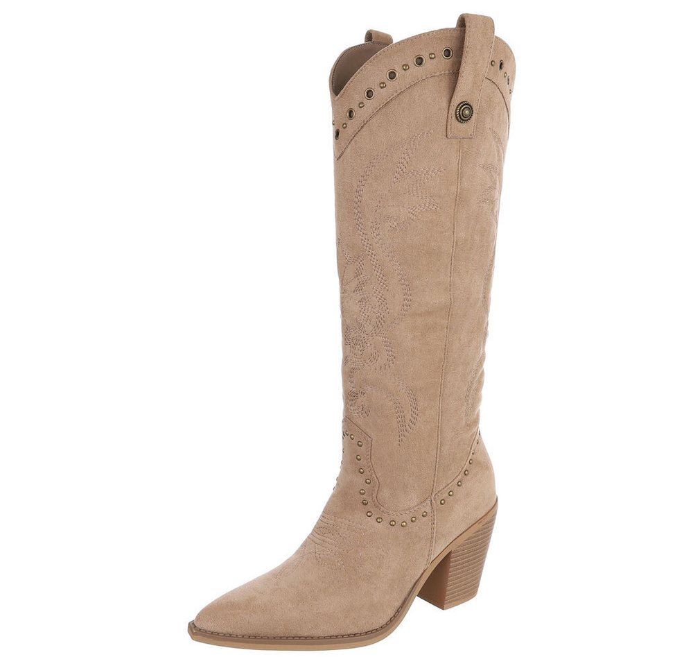 Ital-Design Damen Westernstiefel kniehoch mit Blockabsatz Westernstiefel (92078771) Blockabsatz Stiefel in Hellbraun