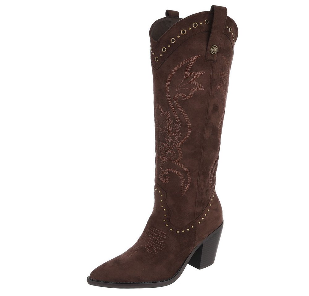 Ital-Design Damen Westernstiefel kniehoch mit Blockabsatz Westernstiefel (92078776) Blockabsatz Stiefel in Braun