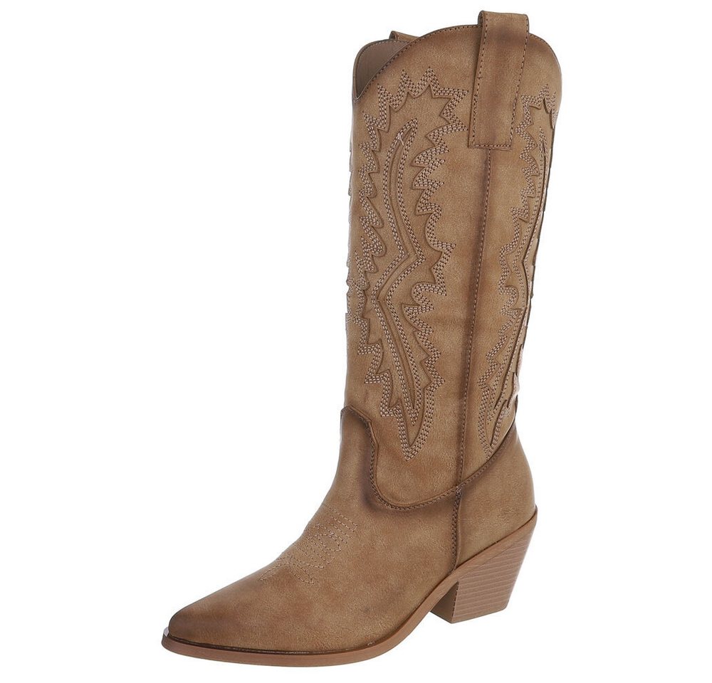 Ital-Design Damen Westernstiefel mit Blockabsatz und Ziernähten Westernstiefel (92002513) Blockabsatz Stiefel in Hellbraun